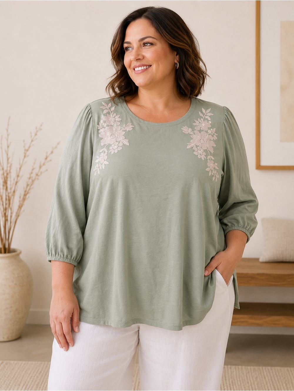 J Jill embroidered tunic 3/4 sleeve top size 3X green floral boho coastal